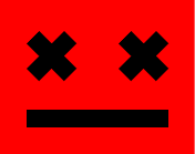 Two black crossed eyes and a straight mouth on a red sticker