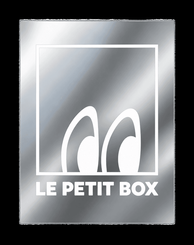 White Boxie outline and Le Petit Box wordmark on a reflective silver mirrored sticker